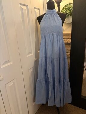 Maeve Sky Blue Tiered Halter Midi  Dress
